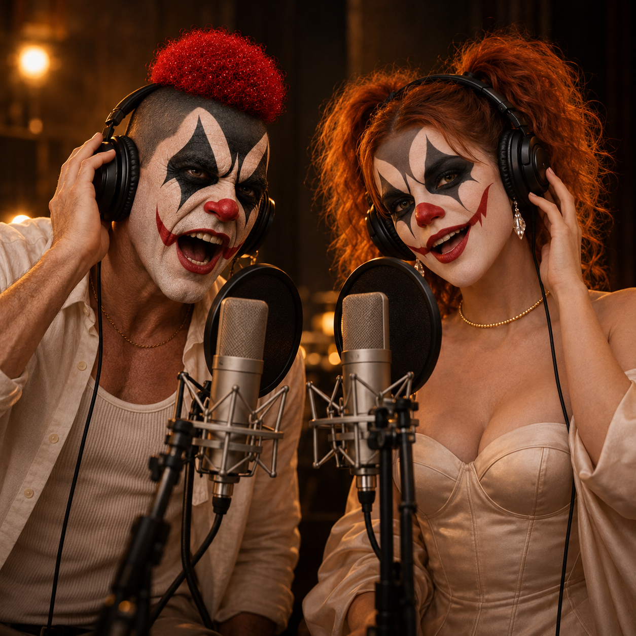 Popy et Popya chantent au micro dans un studio